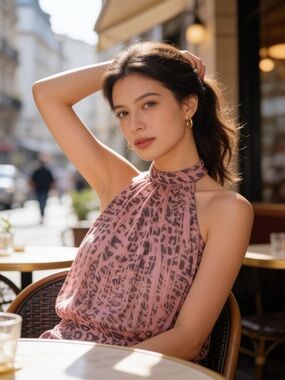 Takara Coral and Brown Leopard Halter Top Like New y2k indie sleaze chic Size L